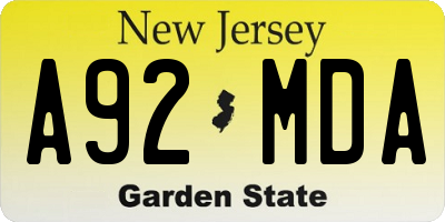 NJ license plate A92MDA