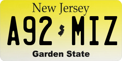 NJ license plate A92MIZ
