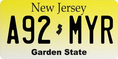 NJ license plate A92MYR