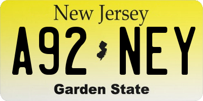 NJ license plate A92NEY