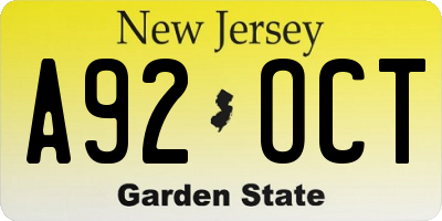 NJ license plate A92OCT