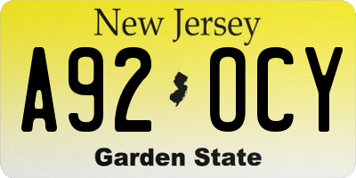 NJ license plate A92OCY