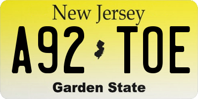 NJ license plate A92TOE