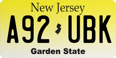 NJ license plate A92UBK