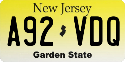 NJ license plate A92VDQ