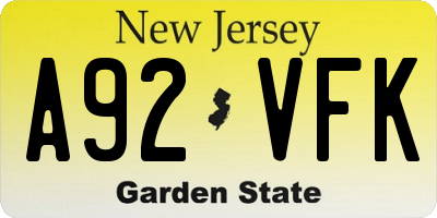 NJ license plate A92VFK