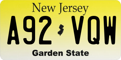 NJ license plate A92VQW