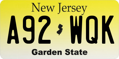 NJ license plate A92WQK