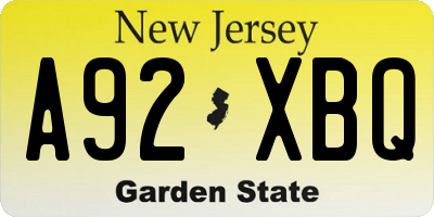 NJ license plate A92XBQ