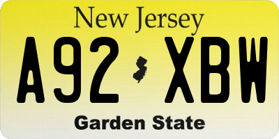 NJ license plate A92XBW