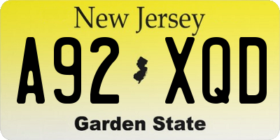 NJ license plate A92XQD
