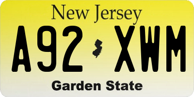 NJ license plate A92XWM