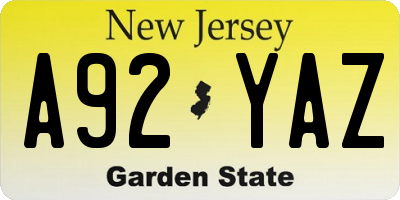 NJ license plate A92YAZ