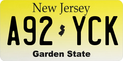 NJ license plate A92YCK