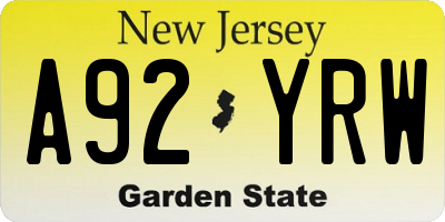 NJ license plate A92YRW