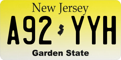 NJ license plate A92YYH