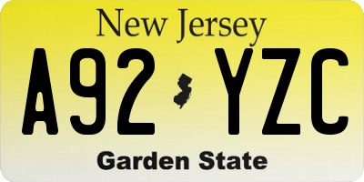 NJ license plate A92YZC