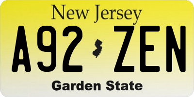 NJ license plate A92ZEN