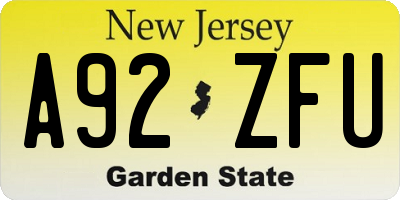 NJ license plate A92ZFU
