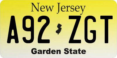 NJ license plate A92ZGT