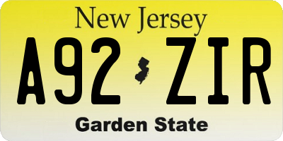 NJ license plate A92ZIR