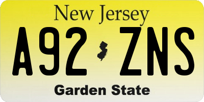 NJ license plate A92ZNS