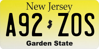 NJ license plate A92ZOS