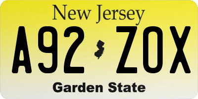 NJ license plate A92ZOX