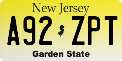NJ license plate A92ZPT