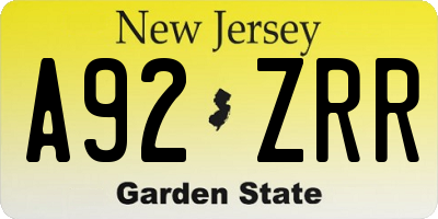 NJ license plate A92ZRR