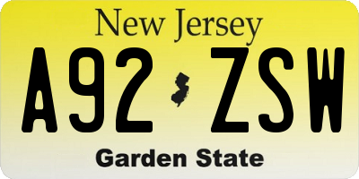 NJ license plate A92ZSW