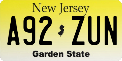 NJ license plate A92ZUN