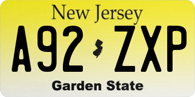 NJ license plate A92ZXP