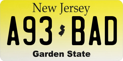 NJ license plate A93BAD