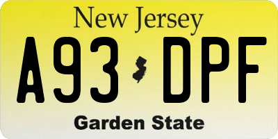 NJ license plate A93DPF