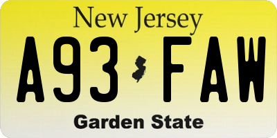 NJ license plate A93FAW