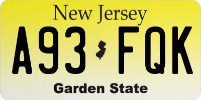 NJ license plate A93FQK