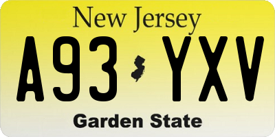 NJ license plate A93YXV