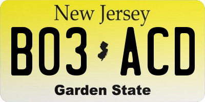 NJ license plate B03ACD