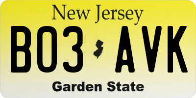 NJ license plate B03AVK
