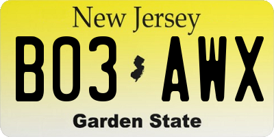 NJ license plate B03AWX