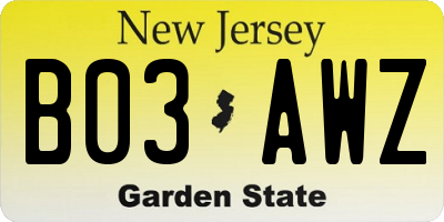 NJ license plate B03AWZ