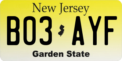 NJ license plate B03AYF