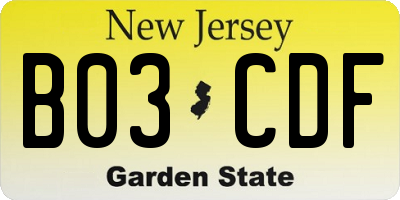 NJ license plate B03CDF