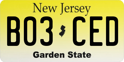 NJ license plate B03CED