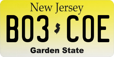 NJ license plate B03COE
