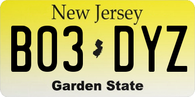 NJ license plate B03DYZ