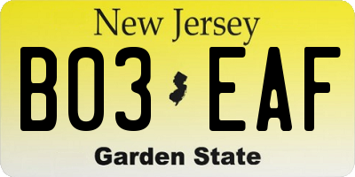 NJ license plate B03EAF