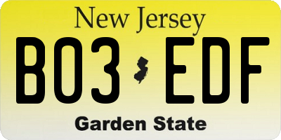 NJ license plate B03EDF
