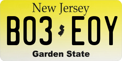 NJ license plate B03EOY